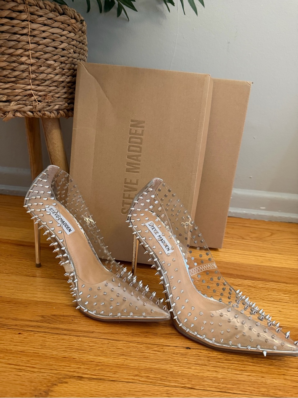 Steve Madden Nude/Clear Spike Embellished Pointed-Toe Stilettos